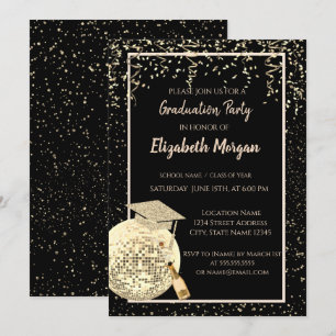 Invitación Gorro de graduación purpurina, disco Ball Confetti
