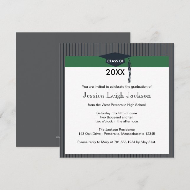 Invitación Gorro de graduación verde y negro (Anverso / Reverso)