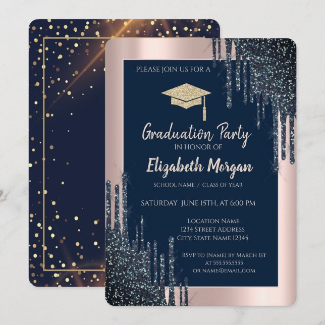 Invitación Gorro Gradu Purpurina Guay, perforaciones de oro R (Anverso / Reverso)