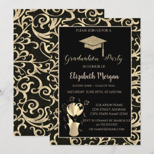 Invitación Gorros de graduación con purpurina dorada Remolino