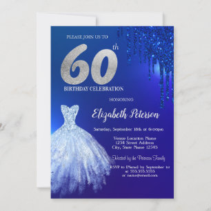 Invitación Gotas Brillantes de Azul Marino, Vestido Azul Cump