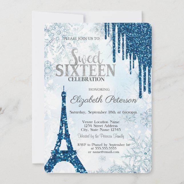 Invitación Gotas de brillo, Copos de nieve Torre Eiffel Dulce (Anverso)