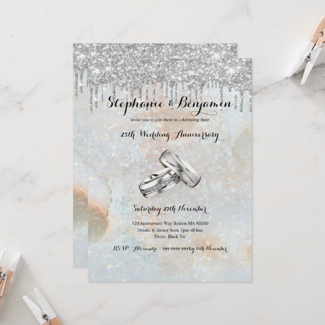 Invitación Gotas de brillo de plata 25º aniversario de bodas  (Anverso/Reverso In Situ)