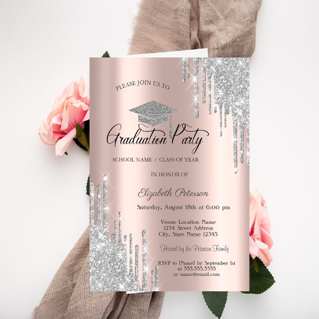 Invitación Gotas de brillo de plata, graduación de oro rosa (Subido por el creador)
