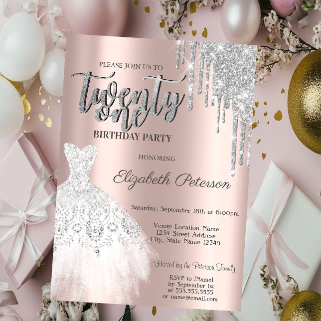 Invitación Gotas de brillo de plata, vestido blanco cumpleaño (Subido por el creador)