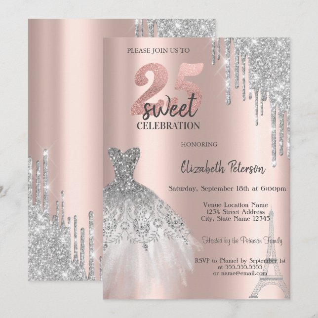 Invitación Gotas de brillo de plata, vestido de la Torre Eiff (Anverso / Reverso)