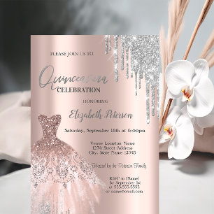 Invitación Gotas de brillo de plata, vestido de oro rosa Quin
