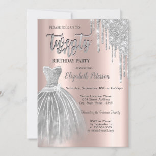 Invitación Gotas de brillo de plata, vestido de plata Cumplea