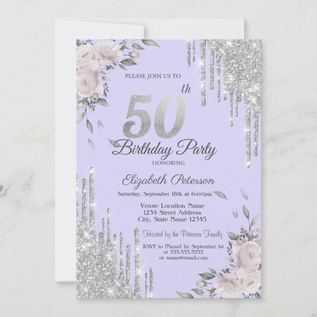 Invitación Gotas de brillo, flores lavanda 50 cumpleaños (Anverso)