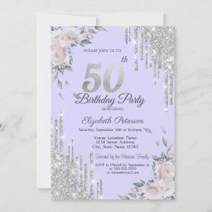 Invitación Gotas de brillo, flores lavanda 50 cumpleaños