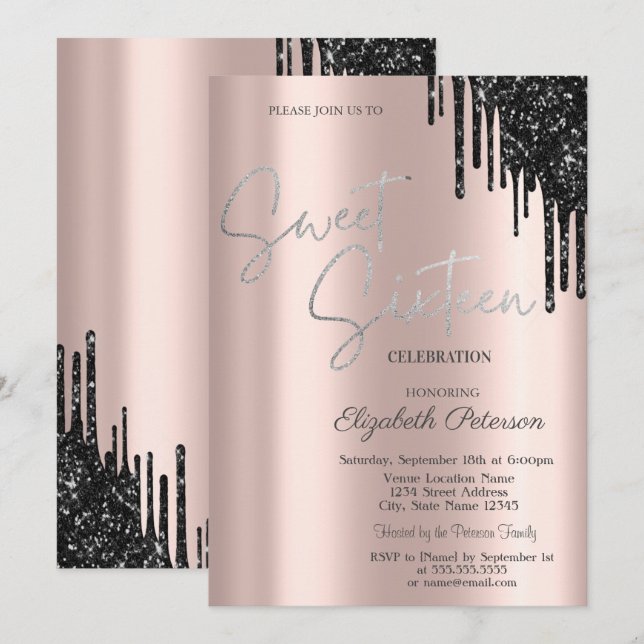 Invitación Gotas de brillo negras chic, Cumpleaños dulce 16 d (Anverso / Reverso)