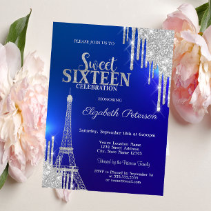 Invitación Gotas de brillo plateadas, Torre Eiffel Cumpleaños