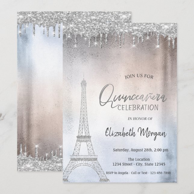 Invitación Gotas de brillo plateadas Torre Eiffel Quinceañera (Anverso / Reverso)
