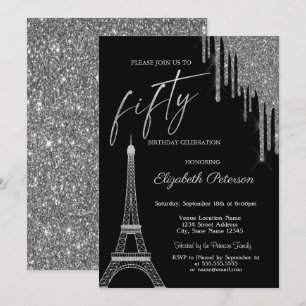Invitación Gotas de brillo plateado, 50 cumpleaños Torre Eiff