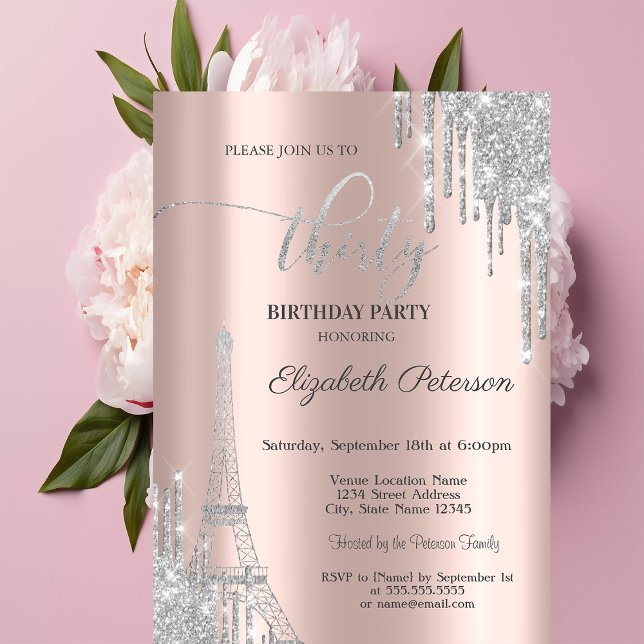 Invitación Gotas de brillo plateado, cumpleaños 30 de la Torr (Subido por el creador)
