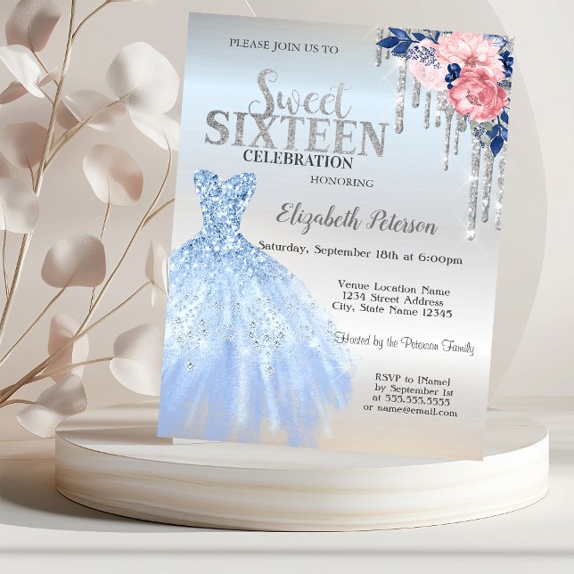 Invitación Gotas de brillo plateado, flores de vestido azul D (Subido por el creador)