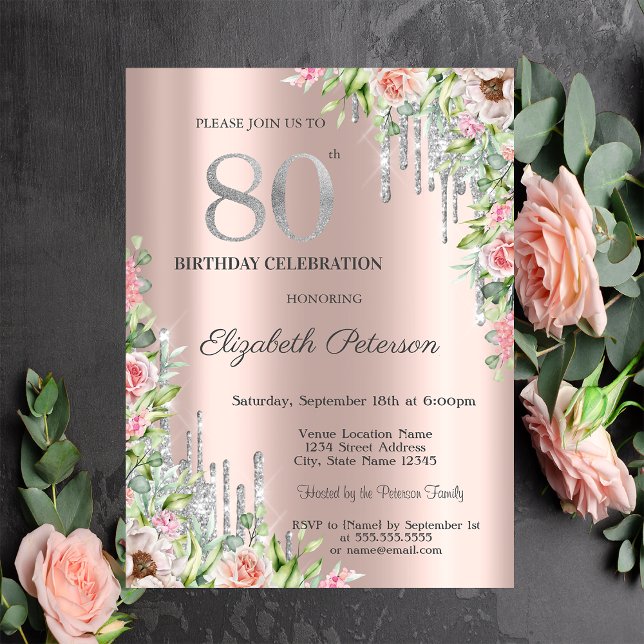 Invitación Gotas de brillo plateado, rosas rosa dorado 80º (Subido por el creador)
