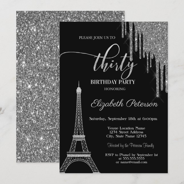 Invitación Gotas de brillo plateado, Torre Eiffel Cumpleaños  (Anverso / Reverso)