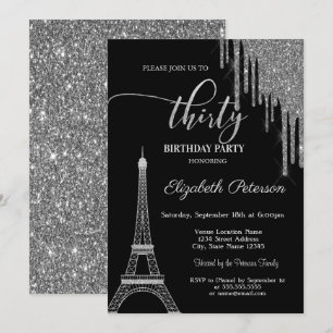 Invitación Gotas de brillo plateado, Torre Eiffel Cumpleaños 