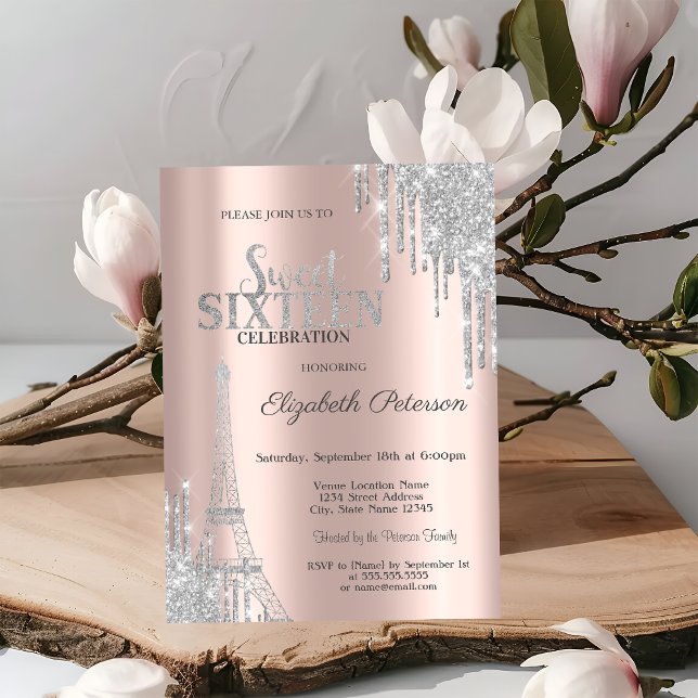 Invitación Gotas de brillo plateado, Torre Eiffel Cumpleaños  (Subido por el creador)
