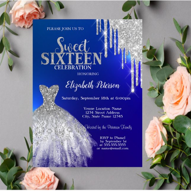 Invitación Gotas de brillo plateado, Vestido azul Dulces 16 (Subido por el creador)