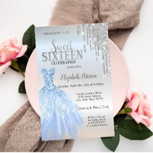 Invitación Gotas de brillo plateado, Vestido azul plateado Du