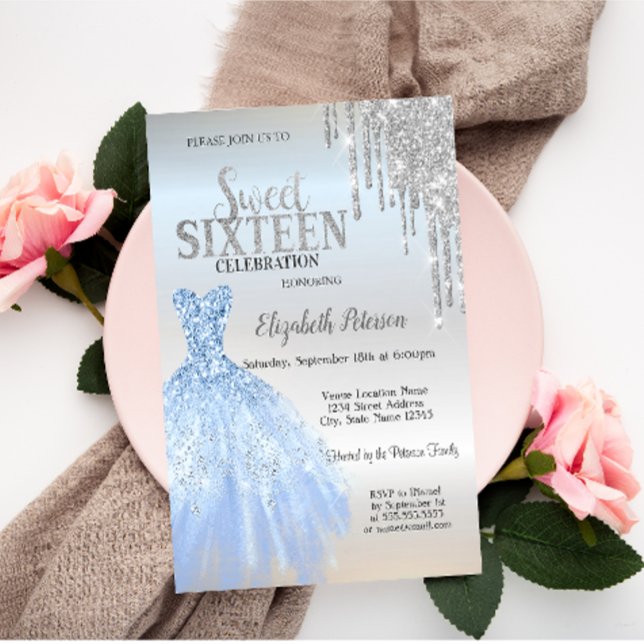 Invitación Gotas de brillo plateado, Vestido azul plateado Du (Subido por el creador)