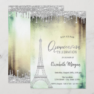 Invitación Gotas de brillo, Quinceañera verde de la Torre Eif