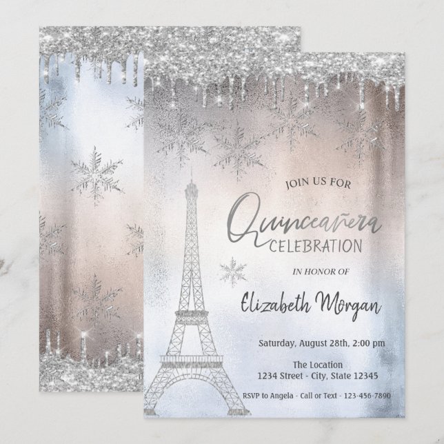 Invitación Gotas de brillo Torre Eiffel Copos de nieve Quince (Anverso / Reverso)