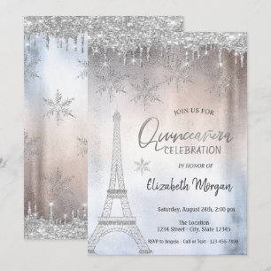 Invitación Gotas de brillo Torre Eiffel Copos de nieve Quince
