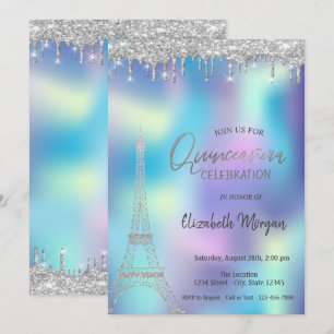 Invitación Gotas de brillo Torre Eiffel Quinceañera holográfi
