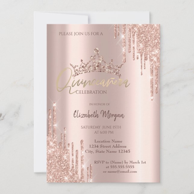 Invitación Gotas de Corona de Brillo Rosa Chic para Quinceañe (Anverso)