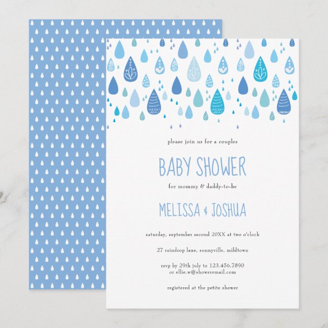 Invitación Gotas de lluvia azul cúrcuma Baby Shower (Anverso / Reverso)