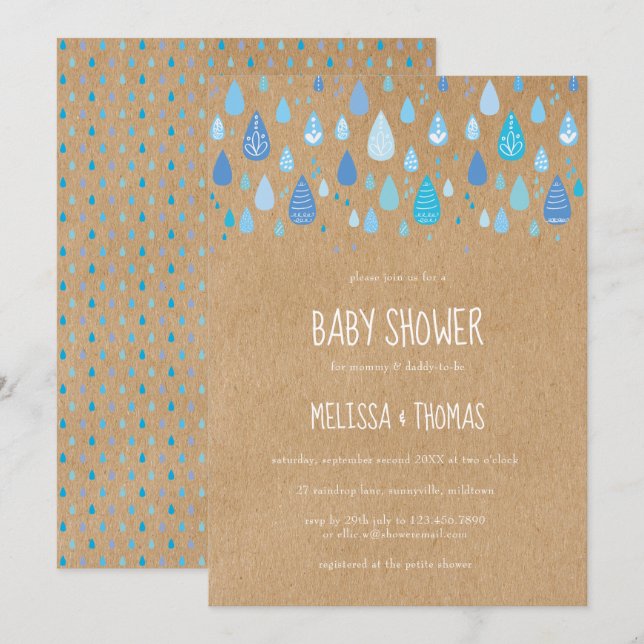 Invitación Gotas de lluvia azul cúrcuma Baby Shower / Sprinkl (Anverso / Reverso)