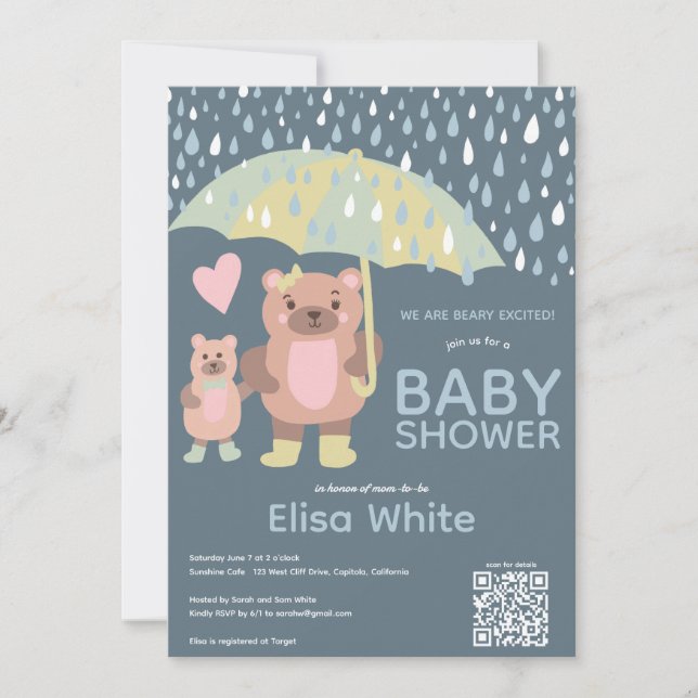 Invitación Gotas de lluvia Mama & Baby Bear Personalizado QR  (Anverso)