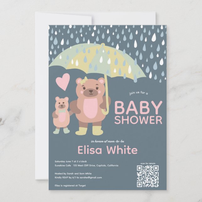 Invitación Gotas de lluvia Mama & Baby Bear Personalizado QR  (Anverso)