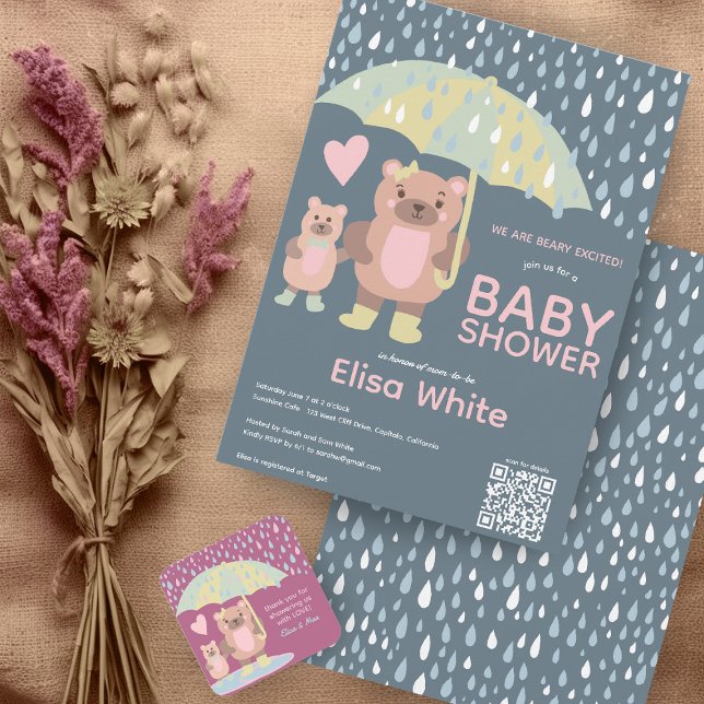 Invitación Gotas de lluvia Mama & Baby Bear Personalizado QR  (Raindrops Mama & Baby Bear QR CODE Custom baby Shower  Sprinkle Invitation)
