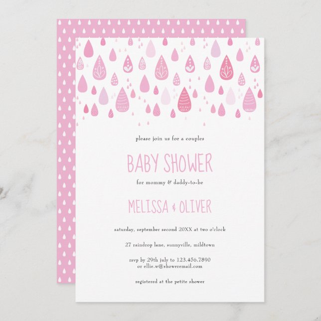 Invitación Gotas de lluvia rosadas bonito Parejas Baby Shower (Anverso / Reverso)