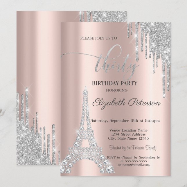 Invitación Gotas de Plata, Diamantes Torre Eiffel Cumpleaños  (Anverso / Reverso)
