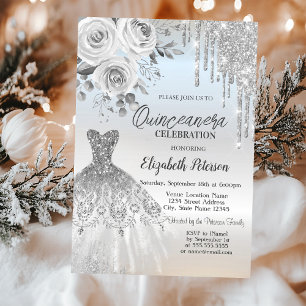 Invitación Gotas de Plata, Rosas de Vestido Quinceañera de Pl