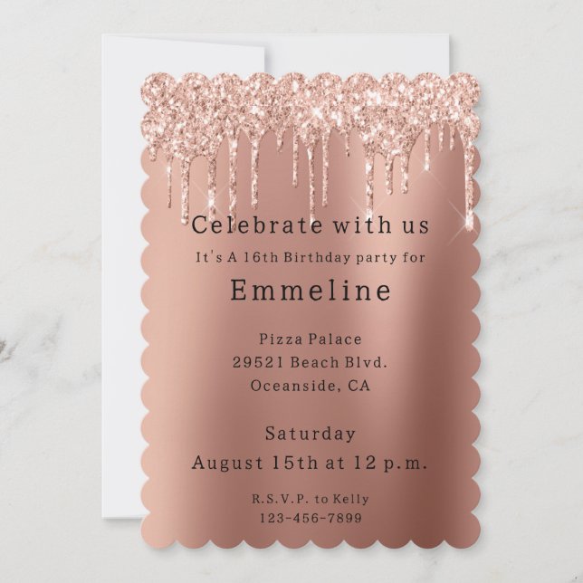 Invitación Gotas de Purpurina de oro de Glam Rosa (Anverso)