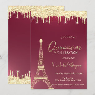 Invitación Gotas de purpurina dorada Torre Eiffel Quinceañera