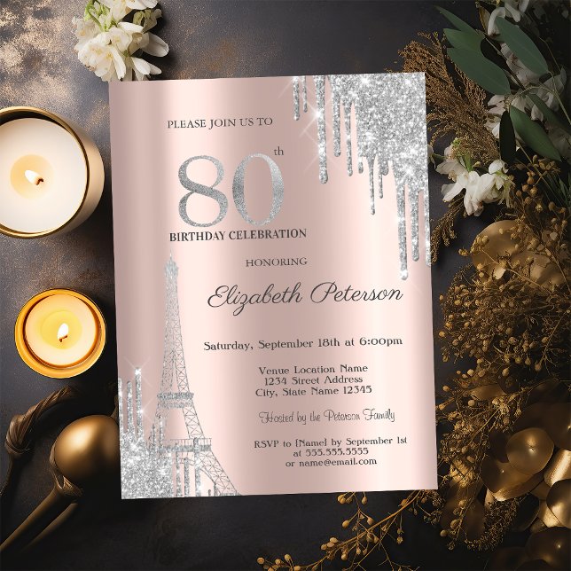 Invitación Gotas de purpurina plateada, 80 cumpleaños de la T (Subido por el creador)