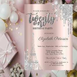 Invitación Gotas de purpurina plateada, cumpleaños 21 de la T