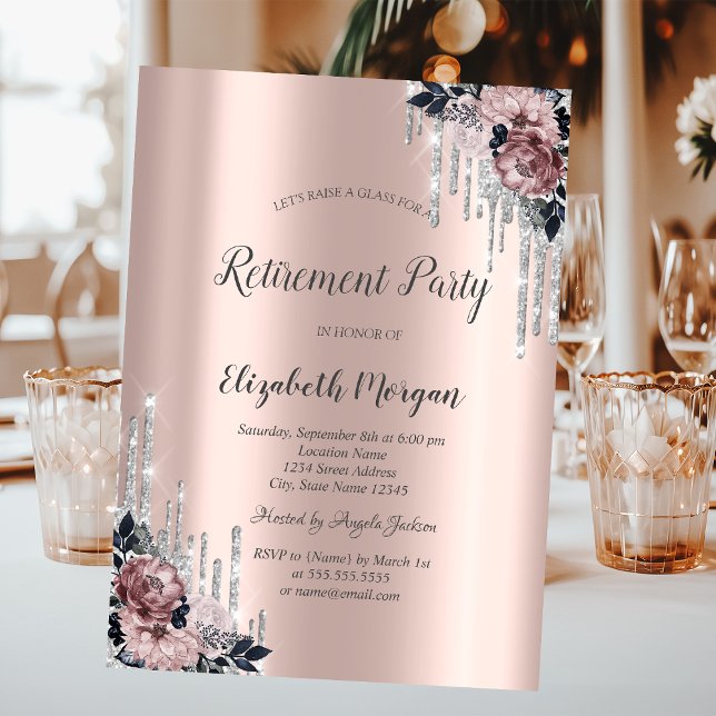 Invitación Gotas de purpurina plateada, flores de oro rosa Ju (Subido por el creador)
