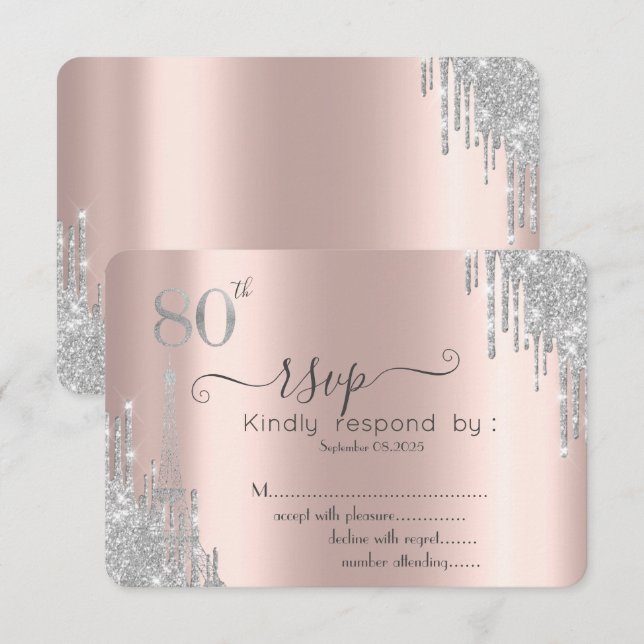 Invitación Gotas de purpurina plateadas, Torre Eiffel 80º RSV (Anverso / Reverso)