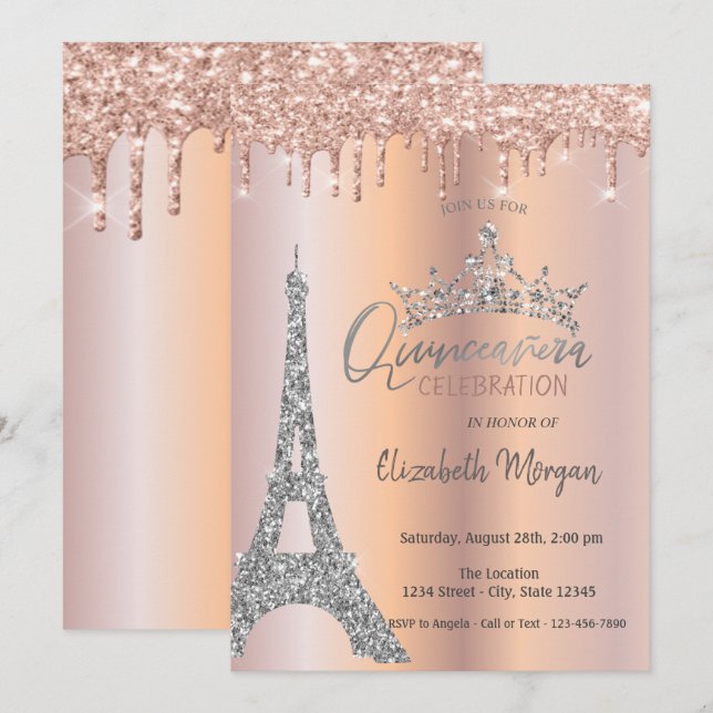 Invitación Gotas de Tiara Rosa Dorado Brillante (Anverso / Reverso)