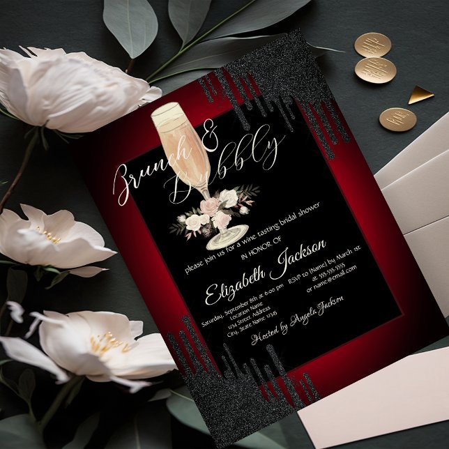 Invitación Gotas Negras, Vidrio, Rosas, Brunch Rojo y Burbuja (Subido por el creador)