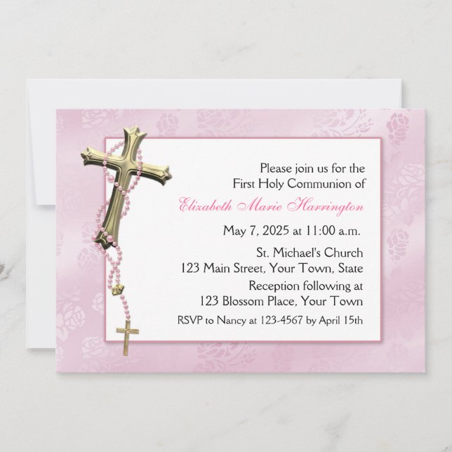 Invitación Gotas rosadas del rosario, cruz, religiosa (Anverso)