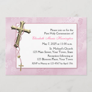 Invitación Gotas rosadas del rosario, cruz, religiosa